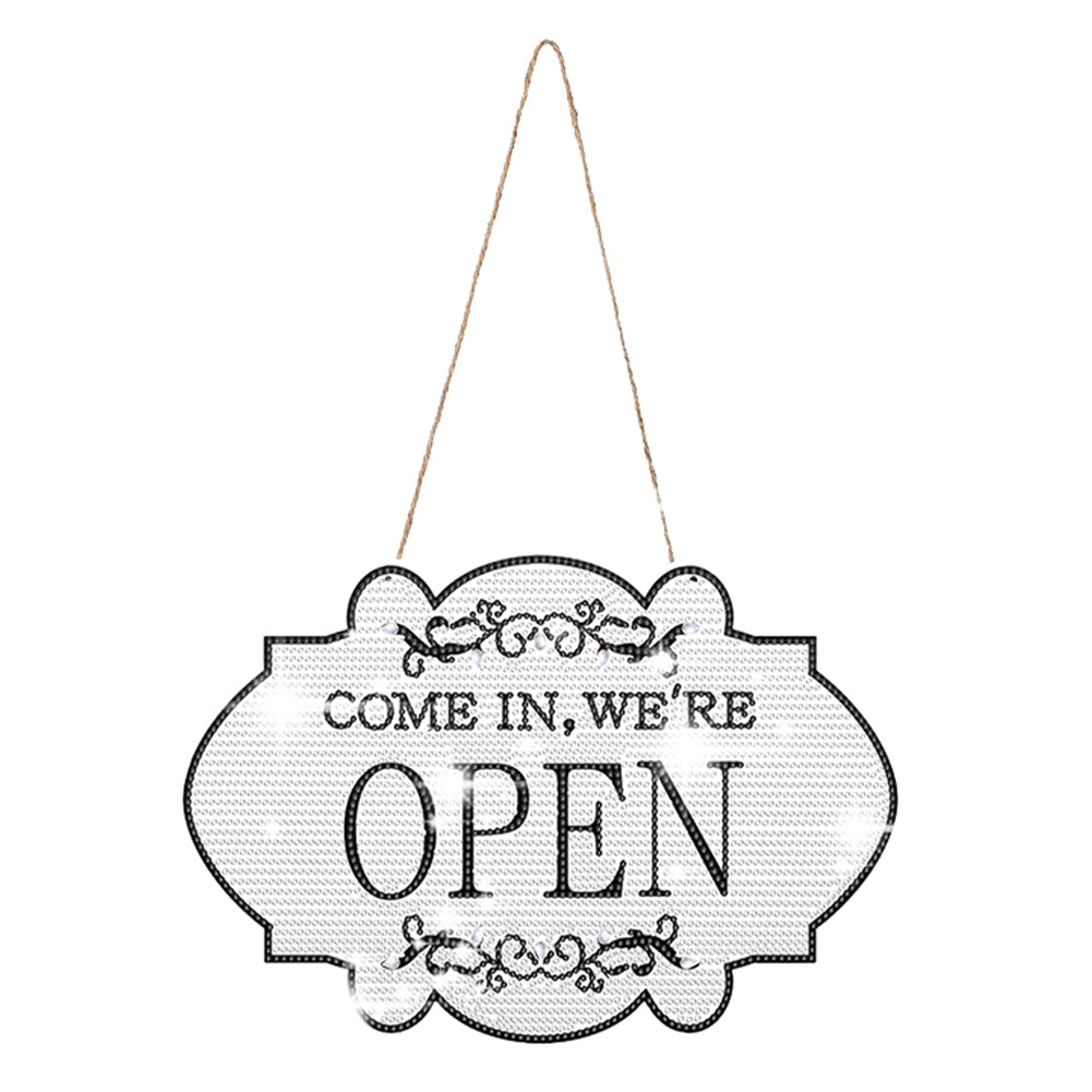 Wooden Shop Sign Diamond Painting Hanging Pendant for Home Decor (Open White)