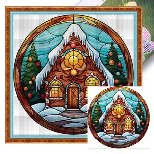 Huancan - Glass Painting - Christmas House - 20*20CM 18CT 2 Stamped Cross Stitch