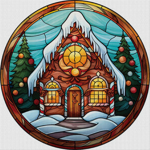 Huancan - Glass Painting - Christmas House - 20*20CM 18CT 2 Stamped Cross Stitch
