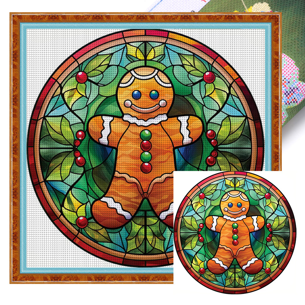 Huancan - Glass Painting - Christmas Gingerbread Man - 20*20CM 18CT 2 Stamped Cross Stitch
