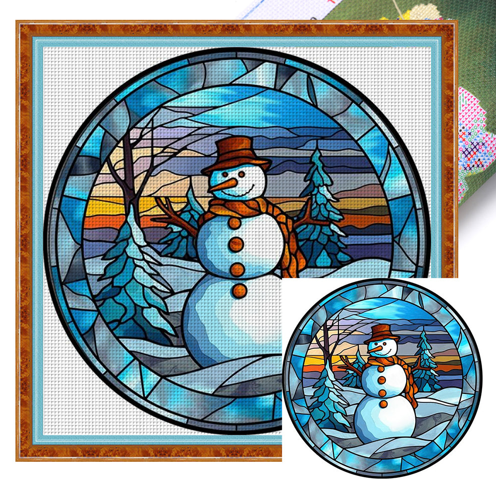 Huancan - Glass Painting - Snowman - 40*40CM 11CT 3 Stamped Cross Stitch
