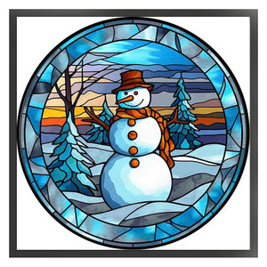 Huancan - Glass Painting - Snowman - 40*40CM 11CT 3 Stamped Cross Stitch