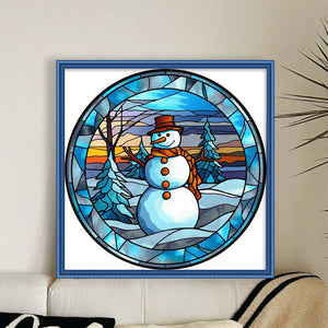 Huancan - Glass Painting - Snowman - 40*40CM 11CT 3 Stamped Cross Stitch