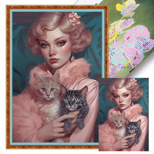 Huancan - Cat And Lady - 40*60CM 11CT 3 Stamped Cross Stitch