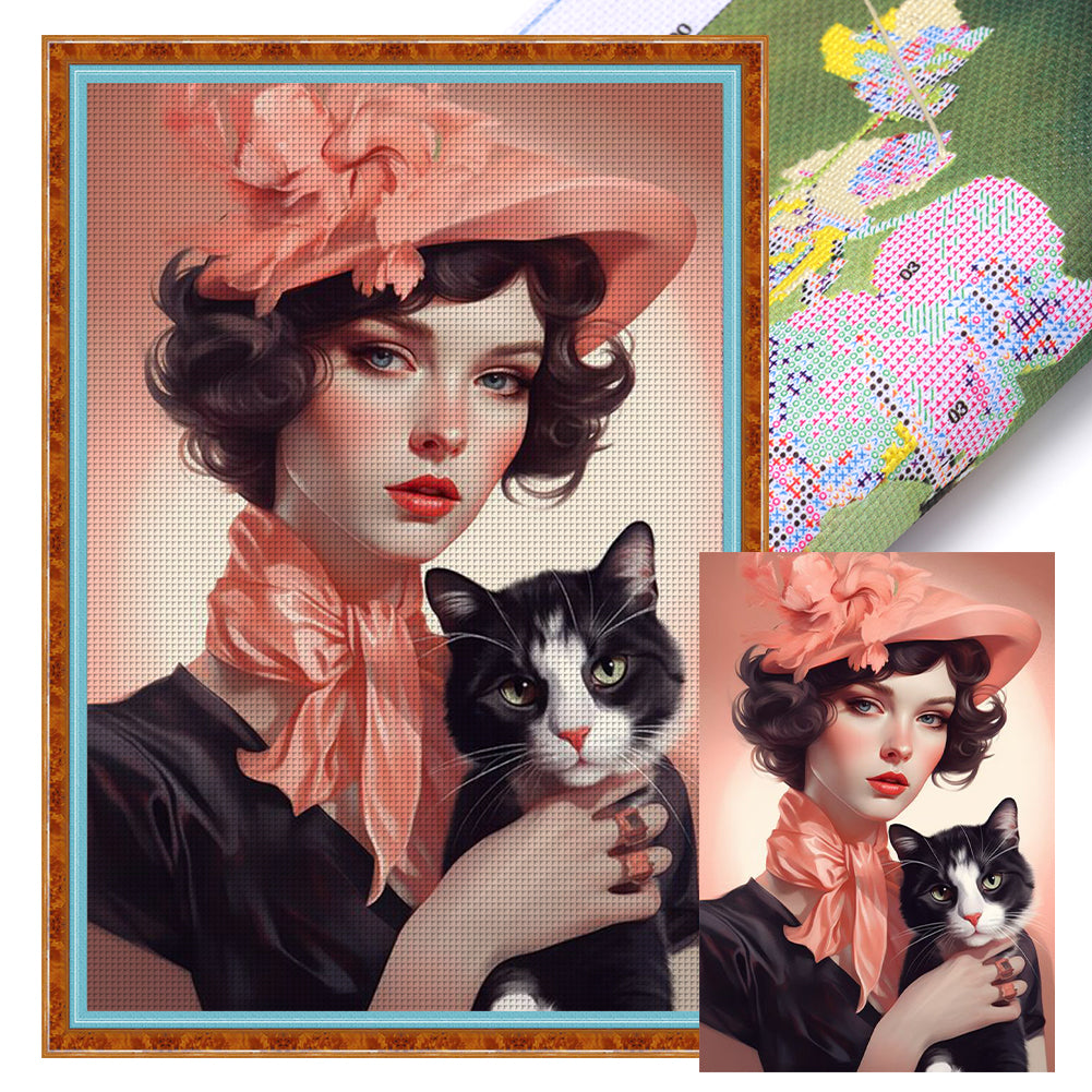 Huancan - Cat And Lady - 40*60CM 11CT 3 Stamped Cross Stitch