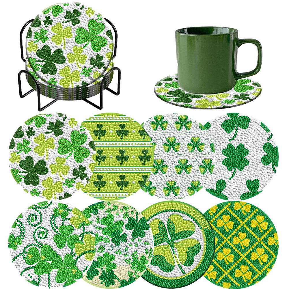 8PCS Wooden Diamond Painting Art Coaster Kit with Holder (Saint Patricks Day)