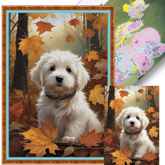 Little Dog In Autumn Woods - Full 11CT Stamped Cross Stitch 40x60CM - Yishu