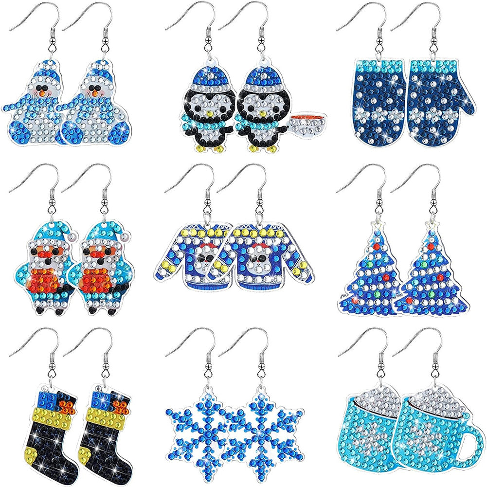 9 Pairs Christmas Trees Snowmen Double Sided Dangle Drop Diamond Art Earring Kit