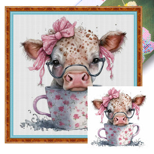 Huancan - Cow In Teacup - 40*40CM 11CT 3 Stamped Cross Stitch