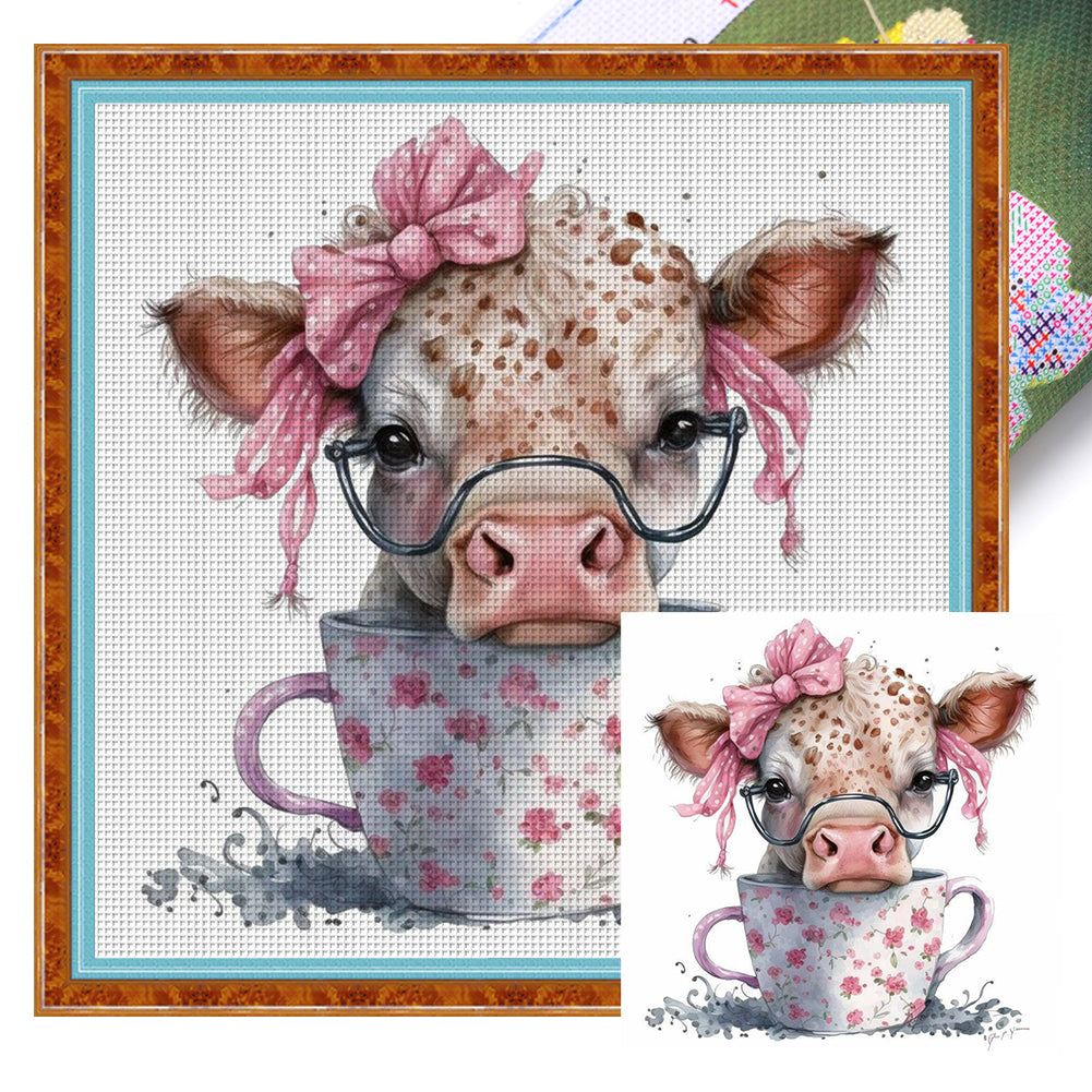 Huancan - Cow In Teacup - 40*40CM 11CT 3 Stamped Cross Stitch