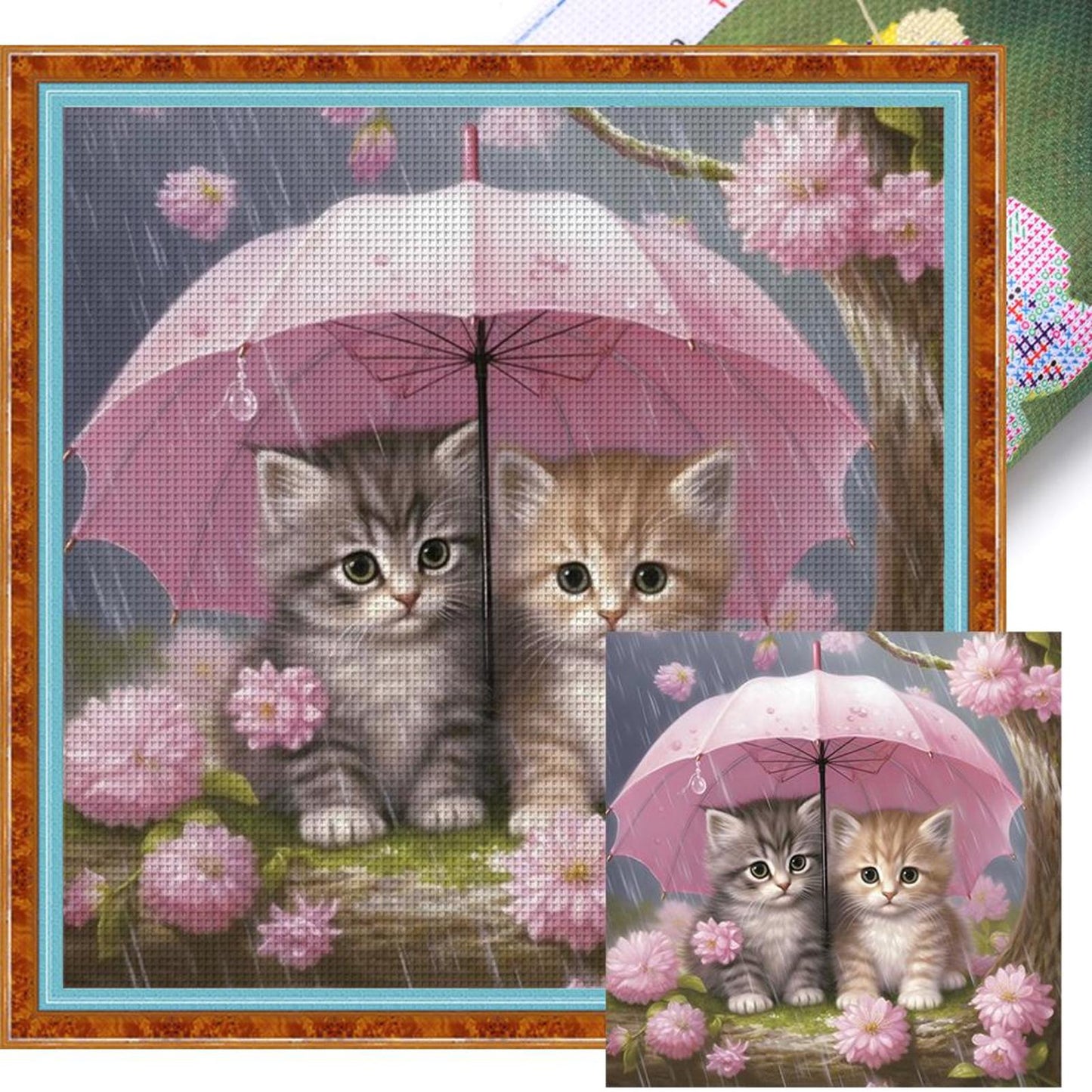 Cat Holding Umbrella With Flowers - Full 11CT Stamped Cross Stitch 40x40CM - Huacan