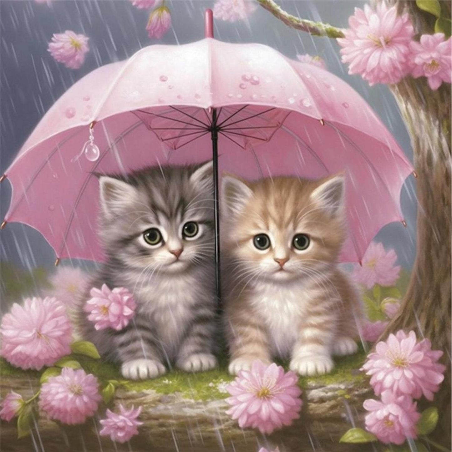 Cat Holding Umbrella With Flowers - Full 11CT Stamped Cross Stitch 40x40CM - Huacan