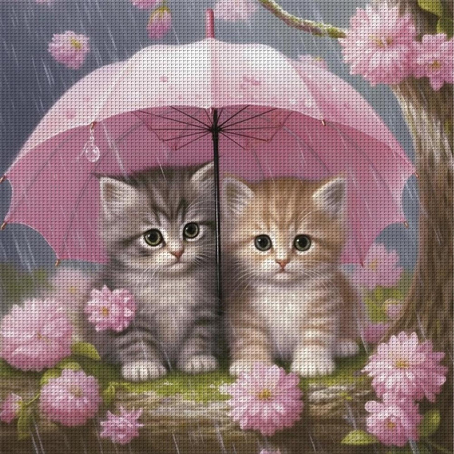 Cat Holding Umbrella With Flowers - Full 11CT Stamped Cross Stitch 40x40CM - Huacan