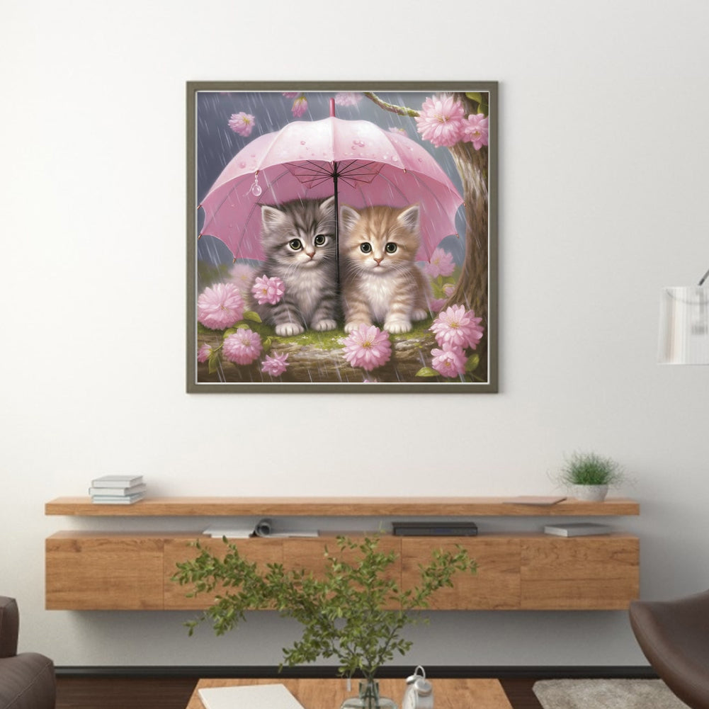 Cat Holding Umbrella With Flowers - Full 11CT Stamped Cross Stitch 40x40CM - Huacan