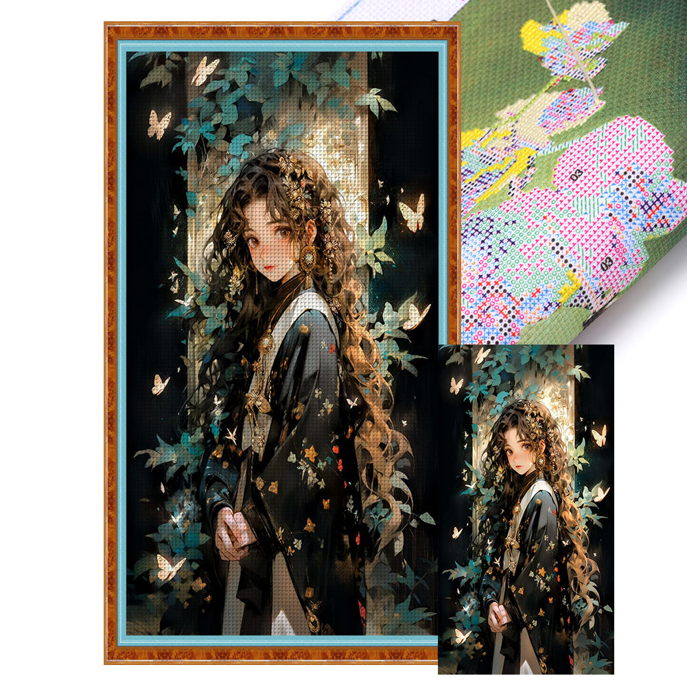 Yishu - Girl With Curly Hair And Butterflies - 40*70CM 11CT 3 Stamped Cross Stitch