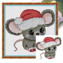 Load image into Gallery viewer, Joy Sunday - Little Mouse With Santa Hat - 14*13CM 16CT 2 Stamped Cross Stitch
