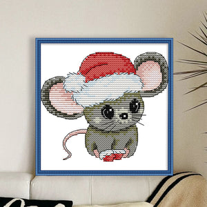 Joy Sunday - Little Mouse With Santa Hat - 14*13CM 16CT 2 Stamped Cross Stitch