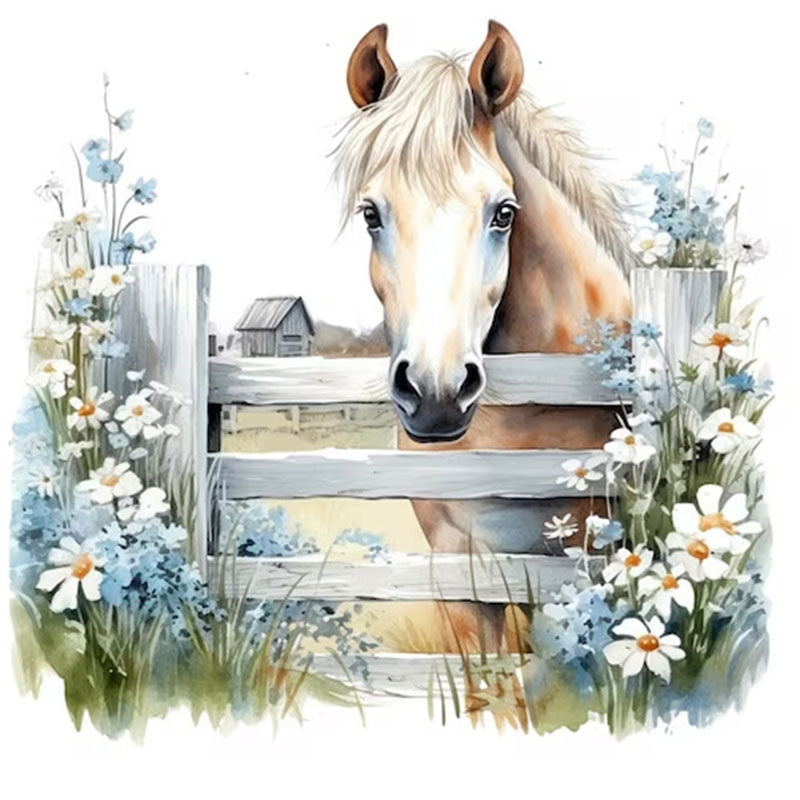 Fresh Flowers And Horse - Full 11CT Stamped Cross Stitch 50x50CM - Yishu