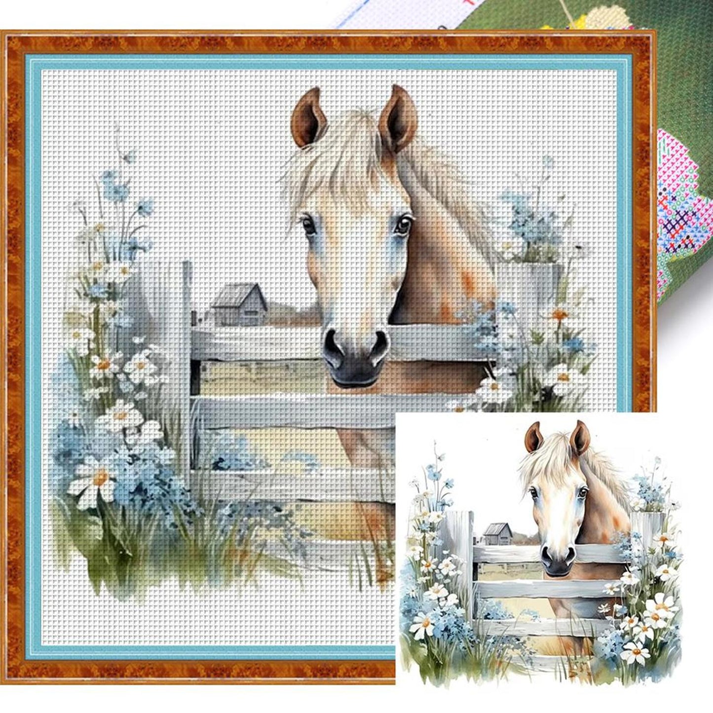 Fresh Flowers And Horse - Full 11CT Stamped Cross Stitch 50x50CM - Yishu