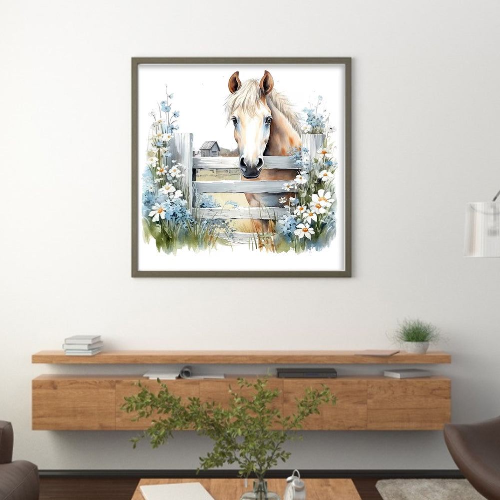 Fresh Flowers And Horse - Full 11CT Stamped Cross Stitch 50x50CM - Yishu