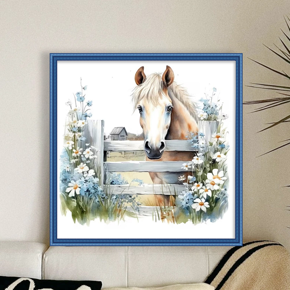 Fresh Flowers And Horse - Full 11CT Stamped Cross Stitch 50x50CM - Yishu