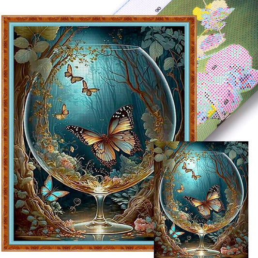 Butterfly In Glass Bottle In Woods - Full 11CT Stamped Cross Stitch 40x50CM - Huacan
