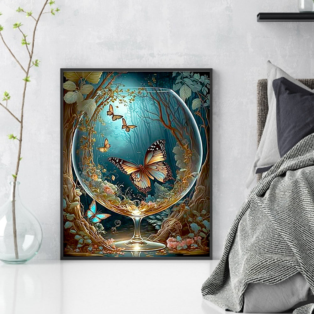 Butterfly In Glass Bottle In Woods - Full 11CT Stamped Cross Stitch 40x50CM - Huacan