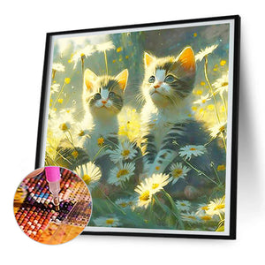 Flowers And Kitten 30*30CM(Canvas) Full Round Drill Diamond Painting
