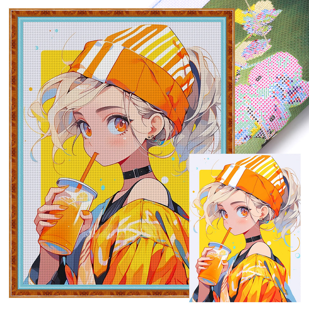 Yishu - Girl Drinking Juice - 40*53CM 11CT 3 Stamped Cross Stitch