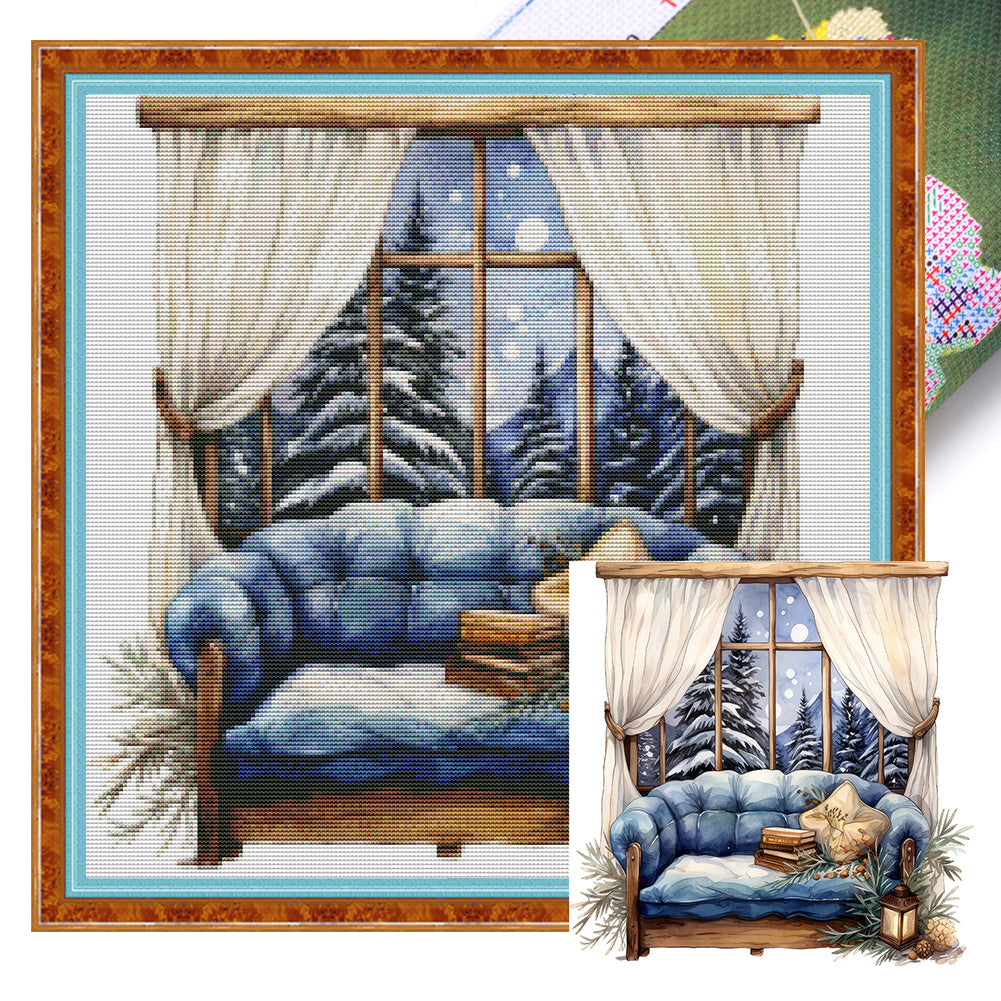 Huancan - Winter Windowsill - 50*50CM 11CT 3 Stamped Cross Stitch