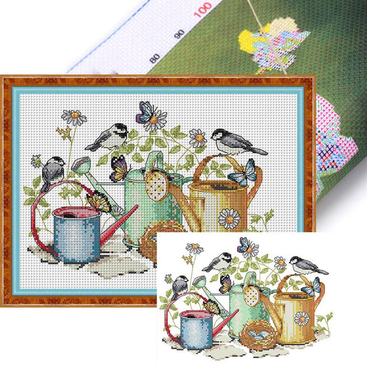 Little Bird And Kettle - Partial 14CT Stamped Cross Stitch 34x26CM - Joy Sunday Backstitch