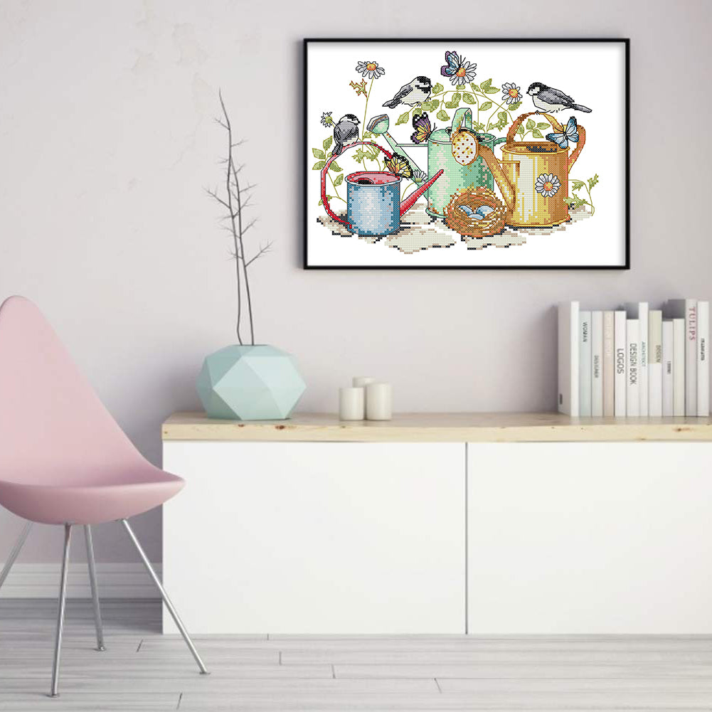 Little Bird And Kettle - Partial 14CT Stamped Cross Stitch 34x26CM - Joy Sunday Backstitch