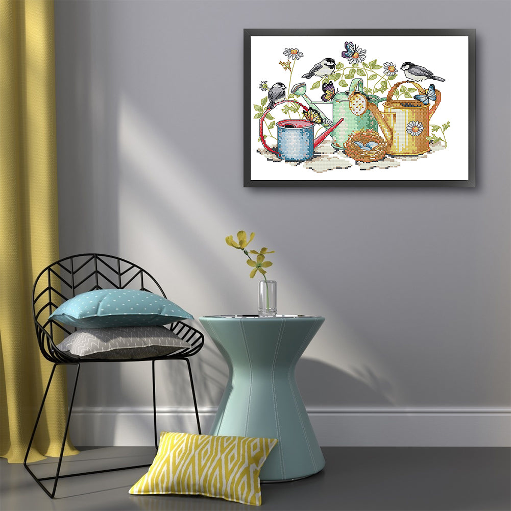 Little Bird And Kettle - Partial 14CT Stamped Cross Stitch 34x26CM - Joy Sunday Backstitch