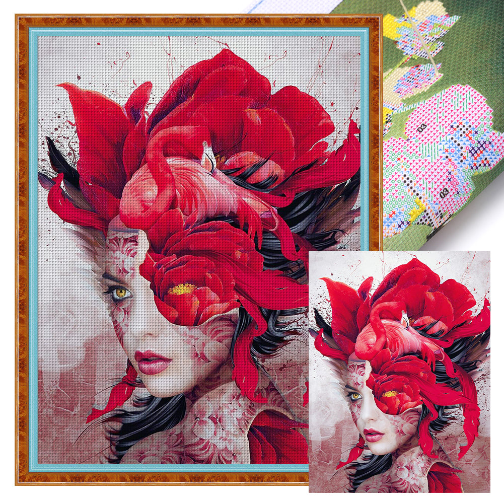 Yishu - Flowers And Girls - 40*56CM 11CT 3 Stamped Cross Stitch