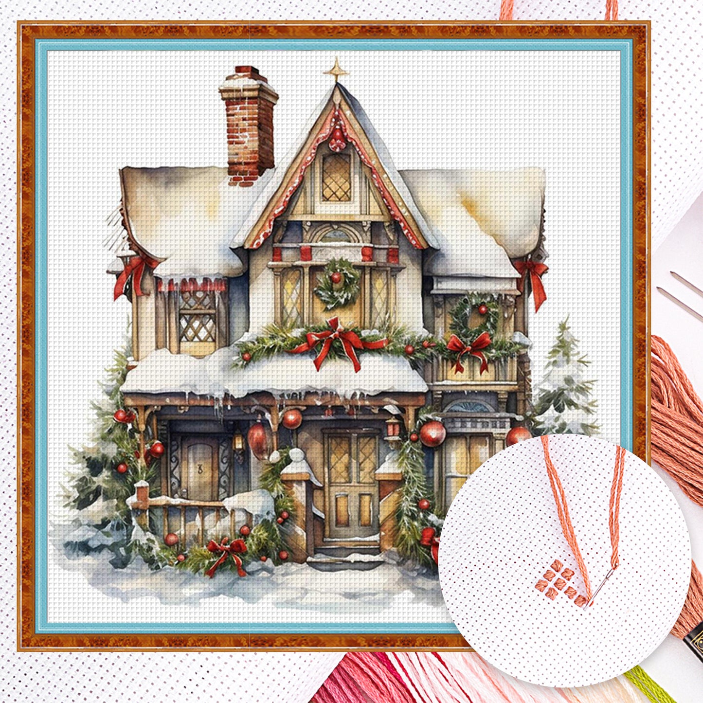 Christmas Cabin - Full 18CT Counted Cross Stitch 35x35CM - Huacan