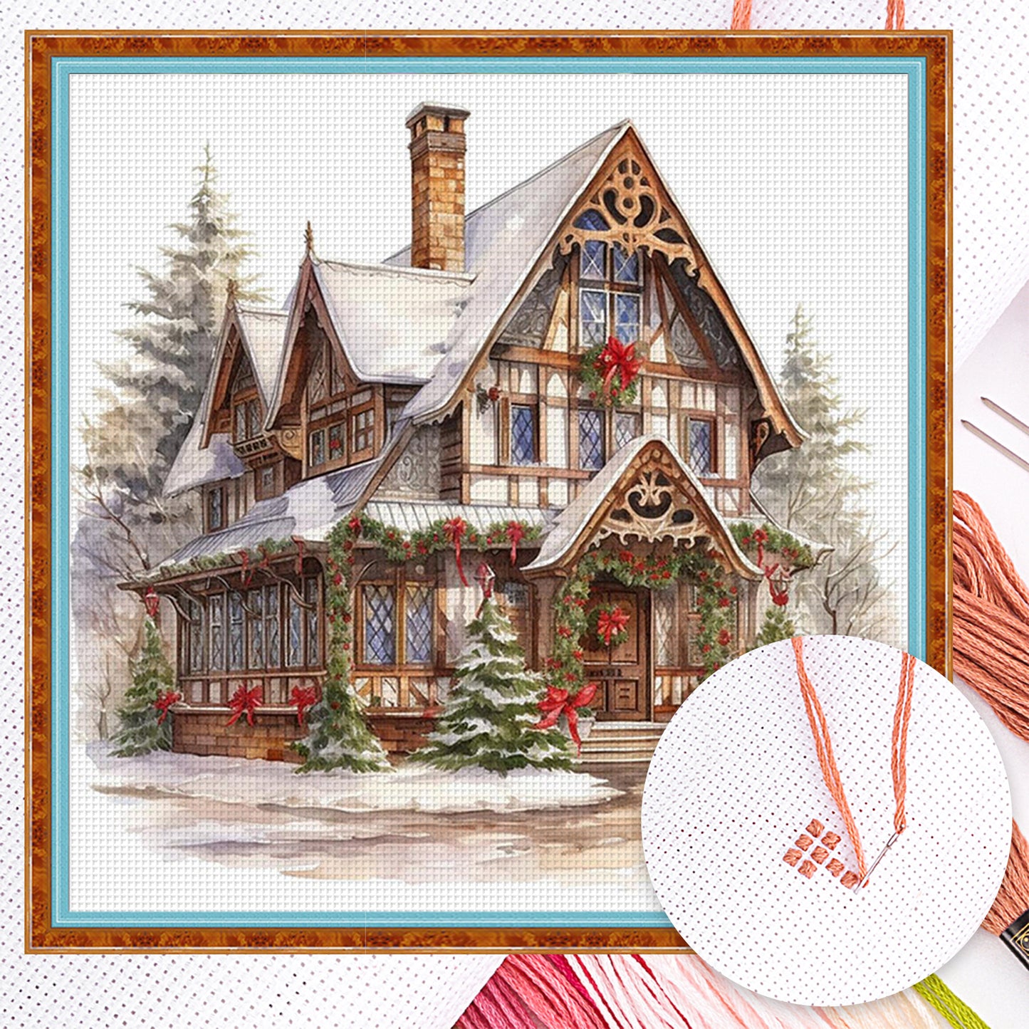 Christmas Cabin - Full 18CT Counted Cross Stitch 35x35CM - Huacan