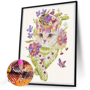 Cats,Flowersand Butterflies 30*40CM(Canvas) Partial Special Shaped Drill Diamond Painting