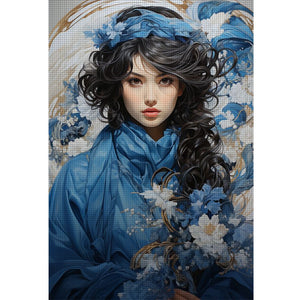 Yishu - Girl With Blue And White Flowers - 40*60CM 11CT 3 Stamped Cross Stitch