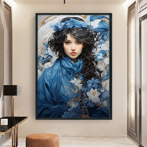 Yishu - Girl With Blue And White Flowers - 40*60CM 11CT 3 Stamped Cross Stitch