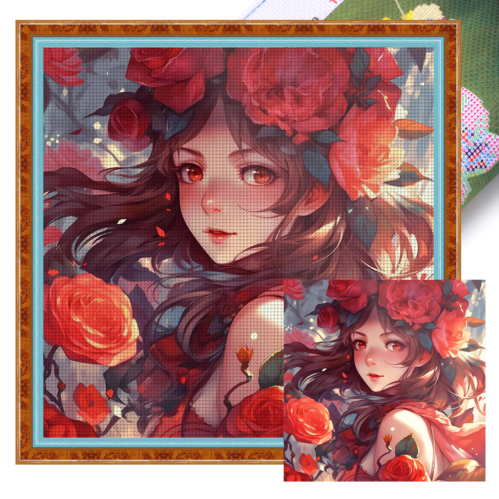 Huancan - Rose Girl - 50*50CM 14CT 2 Stamped Cross Stitch