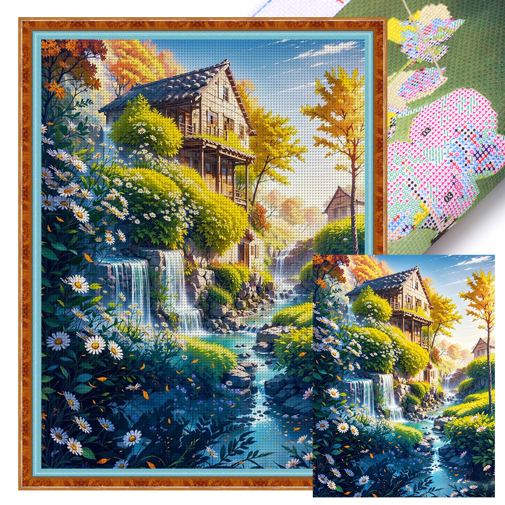 Huancan - Landscape And Flower Cottage - 50*65CM 14CT 2 Stamped Cross Stitch
