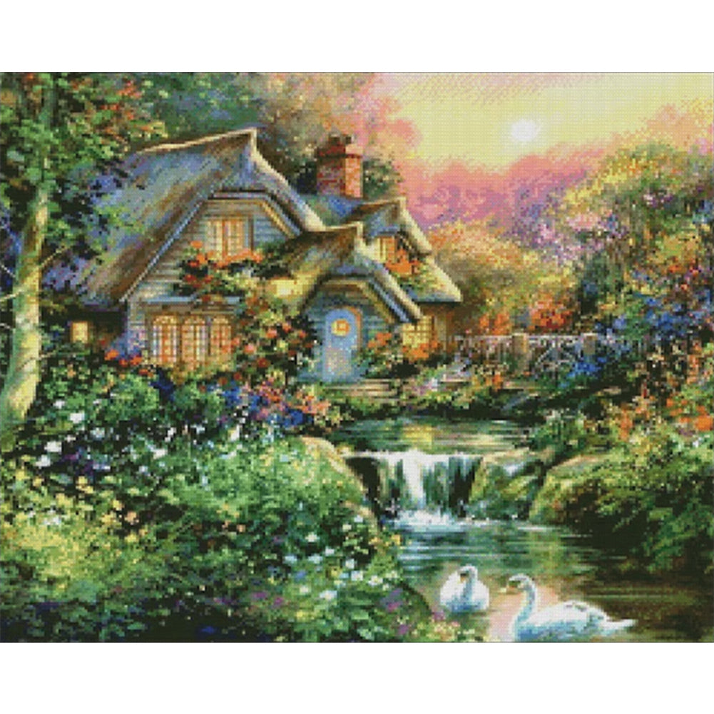 House And River 50*40CM(Canvas) Full Round Drill Diamond Painting
