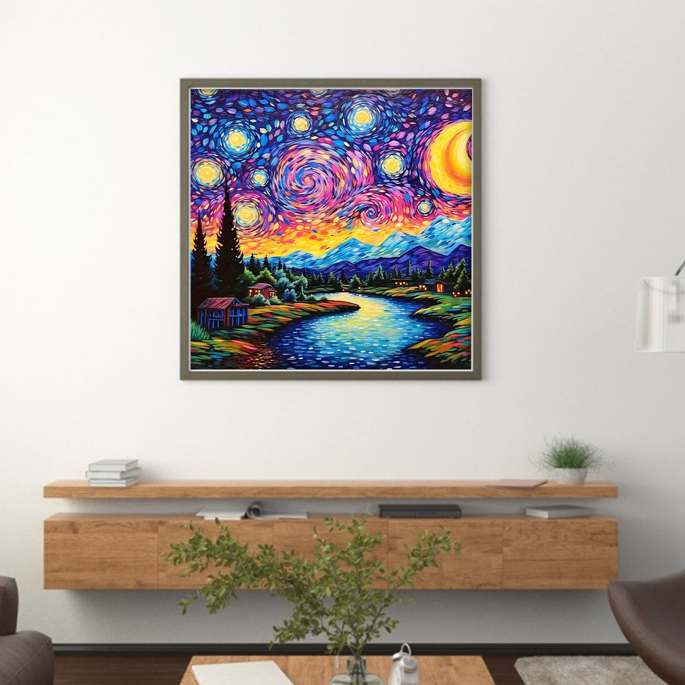 Van Gogh Starry Sky - Full 14CT Stamped Cross Stitch 40x40CM - Huacan