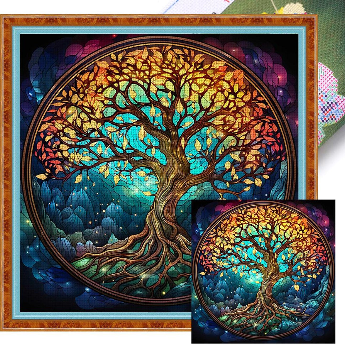 Glass Painting - Tree Of Life - Full 14CT Stamped Cross Stitch 40x40CM - Huacan