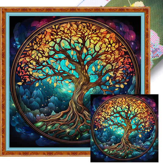 Glass Painting - Tree Of Life - Full 14CT Stamped Cross Stitch 40x40CM - Huacan