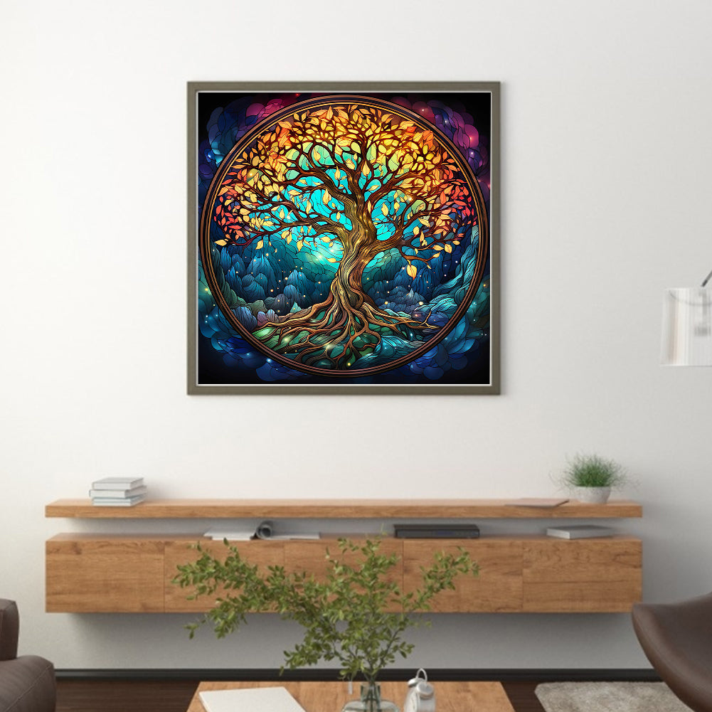 Glass Painting - Tree Of Life - Full 14CT Stamped Cross Stitch 40x40CM - Huacan
