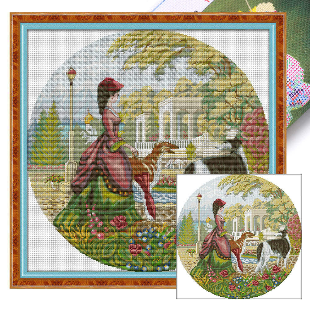 Joy Sunday - Lady And Dog - 44*44CM 14CT 2 Stamped Cross Stitch