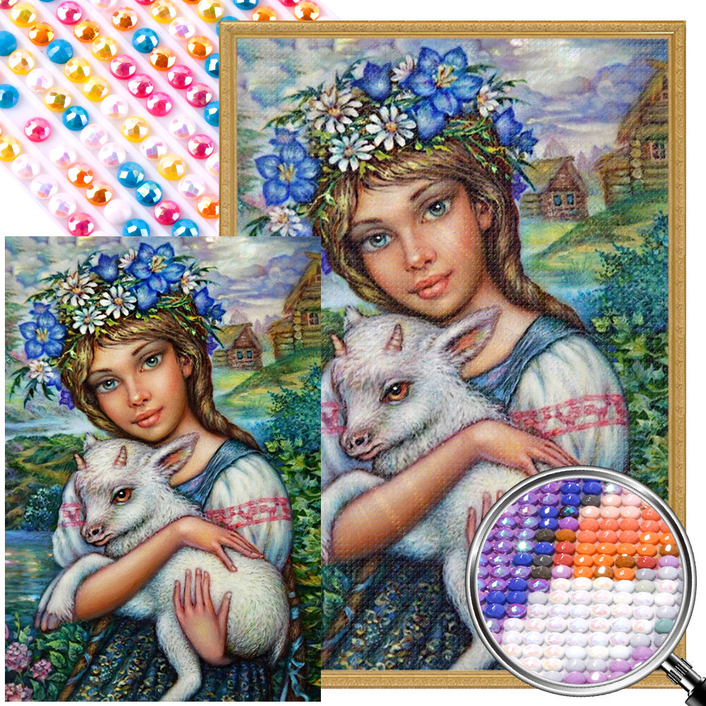 Girl Holding A Sheep 50*70CM(Picture) Full Round Drill Diamond Painting