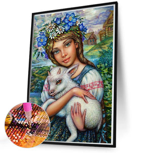 Girl Holding A Sheep 50*70CM(Picture) Full Round Drill Diamond Painting