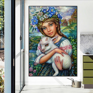 Girl Holding A Sheep 50*70CM(Picture) Full Round Drill Diamond Painting